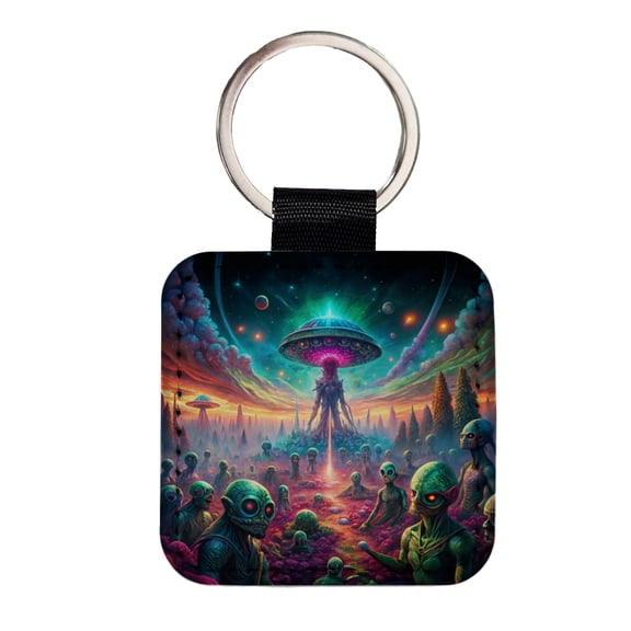 Psychedelic Alien Invasion Vibrant Colors Faux Leather Square Keychain