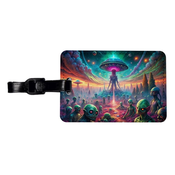 Psychedelic Alien Invasion Vibrant Colors Faux Leather Travel Luggage Tag