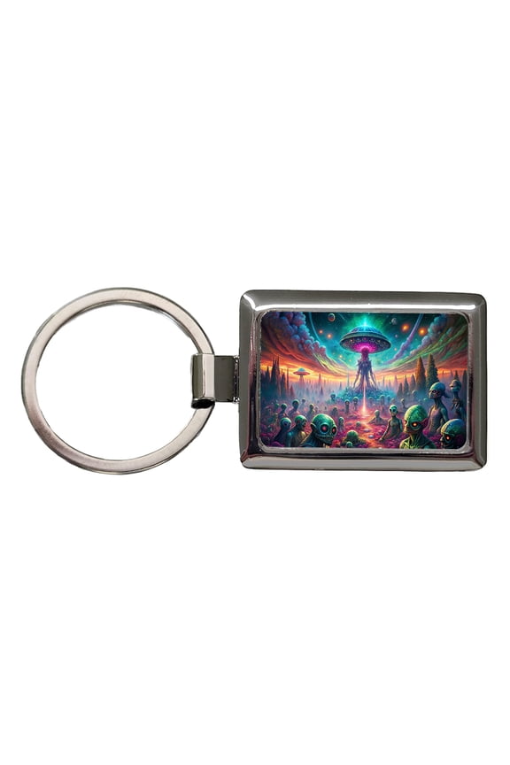 Psychedelic Alien Invasion Vibrant Colors Metal Rectangle Keychain
