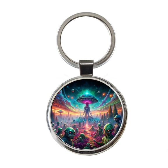 Psychedelic Alien Invasion Vibrant Colors Metal Round Keychain