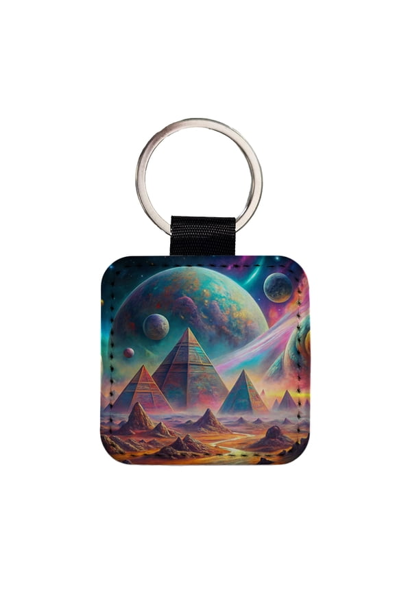 Psychedelic Alien Planet With Pyramids Vibrant Colors Faux Leather Square Keychain