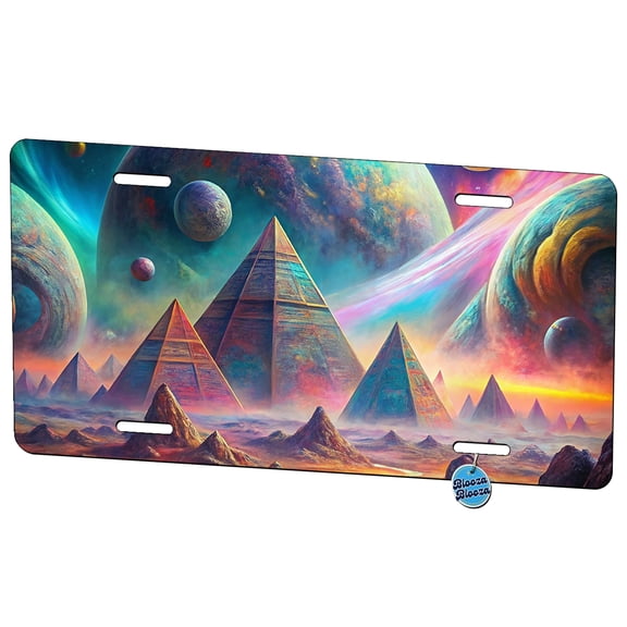 Psychedelic Alien Planet With Pyramids Vibrant Colors Metal Novelty License Plate