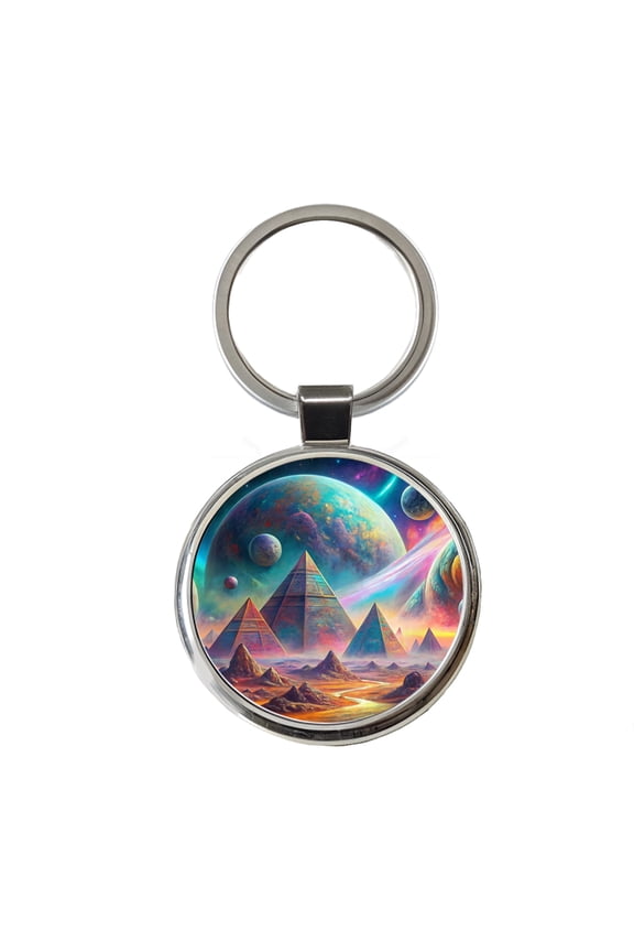Psychedelic Alien Planet With Pyramids Vibrant Colors Metal Round Keychain