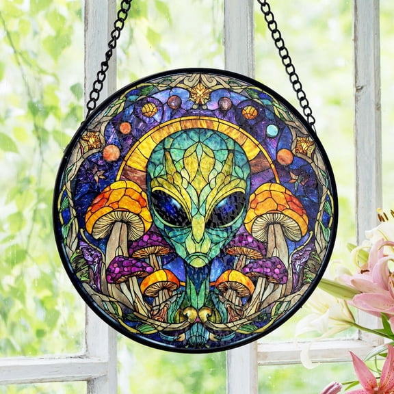 Psychedelic Alien Stained Glass, UFO Suncatcher For Sci-Fi Lover, Trippy Mushroom Hobby, Cosmic Window Hanging, Spiritual Suncatcher Gift