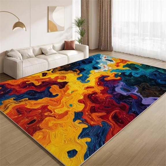 Psychedelic Area Rugs, Retro Color Abstract Watercolor Psychedelic Carpet, Washable Non Slip Low Pile Soft Rug for Living Room Bedroom Decor Mat 4ftx6ft
