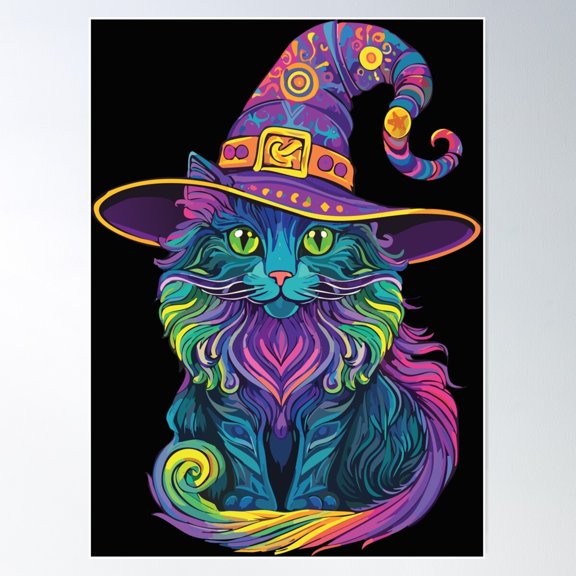 Psychedelic Art Black Cat In A Witch Hat Poster Wall Art, Modern Wall Decor For Living Room Bedroom, 16x24 UNFRAMED