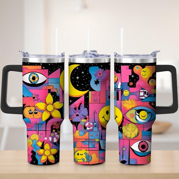 Psychedelic Art Eye Flower Moon Stainless Steel Tumbler, 30oz