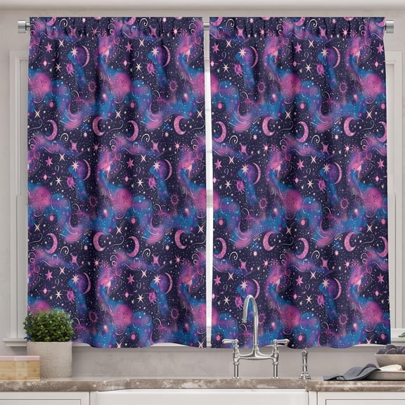 Psychedelic Art Kitchen Curtains, Abstract Modern Starry Sky with Moon and Paintbrush Dots Back, Window Drapes 2 Panel Set for Kitchen Cafe Decor, 55" x 36", Dark Night Blue Fuchsia