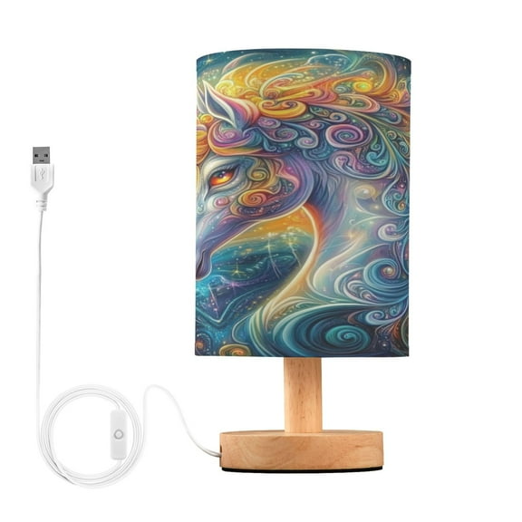 Psychedelic Art Unicorn Small Lamp Printed Gifts Table Lamp USB Bedside Desk Nightstand Lamp Wood Base for Bedroom Living Room Office Desk College Dorm
