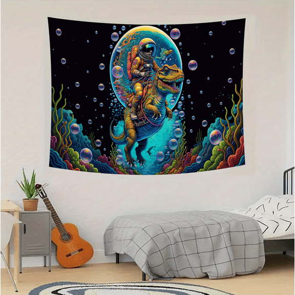 Psychedelic Astronaut Riding T-Rex Tapestry - Surreal Sci-Fi Fantasy Art with Dinosaur in Space Bubble, Colorful Cosmic Ocean Scene, Trippy Wall Decor for Bedroom, Game Room, Dorm