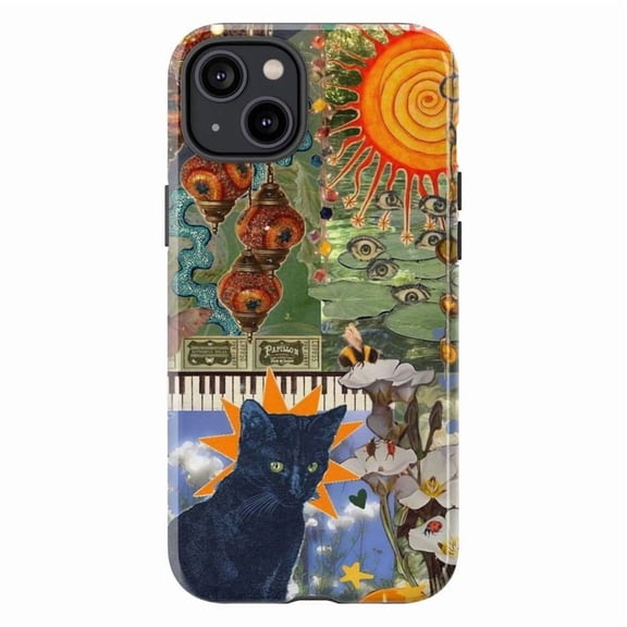 Psychedelic Black Cat Phone Case, Mystical Sun Eye Collage Art Cover for iPhone 17 16 15 14 13 12 11 Pro Plus Mini