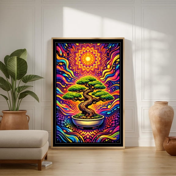 Psychedelic Bonsai Tree Wall Art | Neon Trippy Mandala Poster | Black Border, Unframed Canvas 24x36in