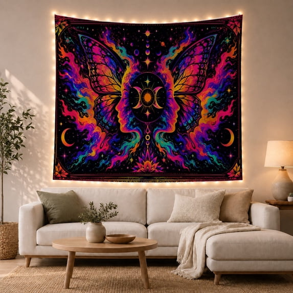 Psychedelic Butterfly Profiles with Sun and Moons, Mystical Psychedelic for Celestial Art Lovers, Cosmic Wall Decor, Housewarming Gift Tapestry Wall Hanging for Bedroom and Dorm