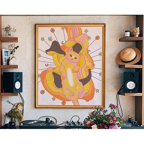 Psychedelic Cat Art, 70S Decor, Psychedelic Art, 70S Retro Psychedelic Home Decor, 70S Wall Art, Hippie Print, Vintage Poster, Colorful Art Wall Art, Modern Wall Decor For Living Room, 16x24 UNFRAMED