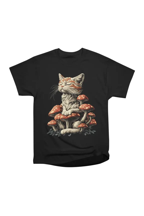 Psychedelic Cat Mushrooms T-Shirt Tee Gift For Him Merch For Her Apparel For Friend