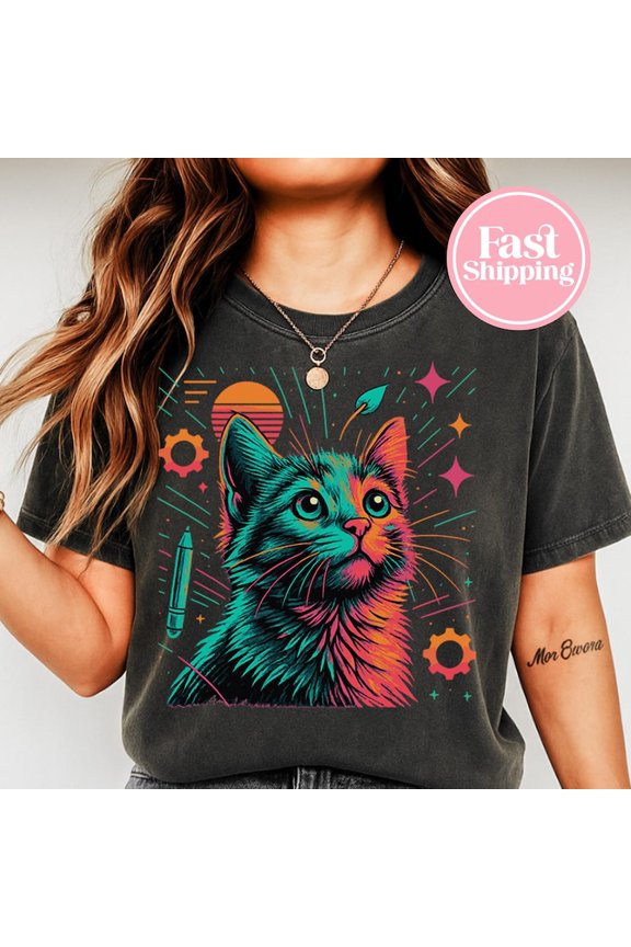 Psychedelic Cat Shirt Trippy Streetwear Vaporwave Y2K Weirdcore Comfort Colors Unisex Cotton T-Shirt, Size S-3XL