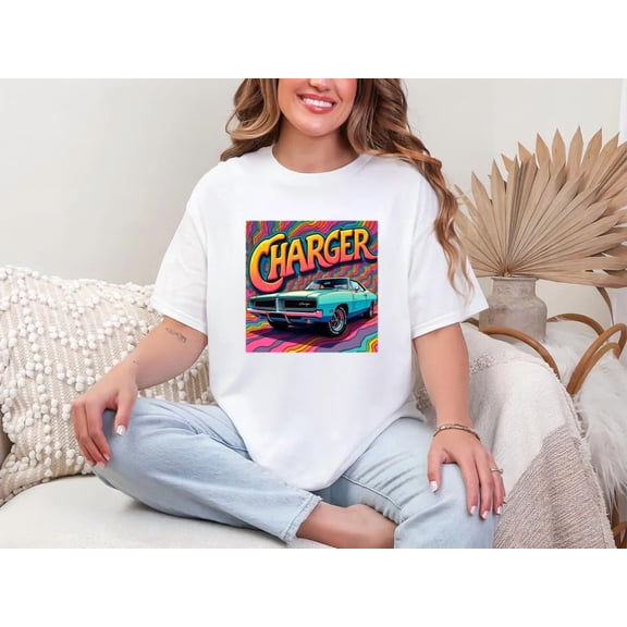 Psychedelic Charger Trippy Classic American Muscle Car Automotive Unisex T-Shirt, for men & women, up to size 5XL.