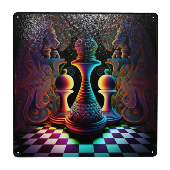 Psychedelic Chess Chessboard Art Square Metal Sign 12x12 Inch Tin Sign Wall Decor Decorative Plaque for Bar, Cafe, Restaurant