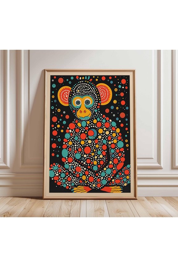 Psychedelic Chimpanzee Wall Art Print Abstract Dot Painting Monkey Poster Vibrant Colorful