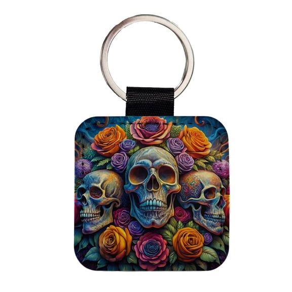 Psychedelic Colorful Skulls And Roses Faux Leather Square Keychain