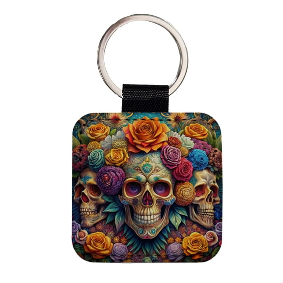Psychedelic Colorful Skulls Flowers And Roses Faux Leather Square Keychain