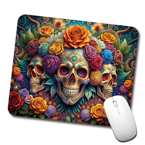 Psychedelic Colorful Skulls Flowers And Roses Mouse Pad Low Profile Gaming Mat