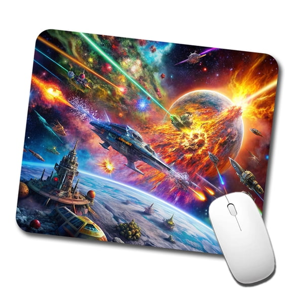 Psychedelic Colorful Space Sci-fi Starship Battle Mouse Pad Low Profile Gaming Mat
