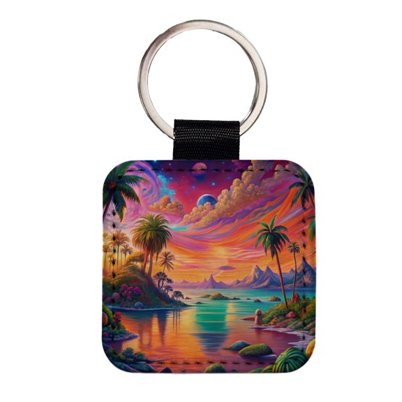Psychedelic Colorful Tropical Beach Scene Faux Leather Square Keychain