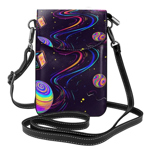 Psychedelic Cosmic Eye Vintage Women Soft Pu Leather Cellphone Purse Wallet Handbag Small Crossbody Shoulder Bag 7.6x4.9inch