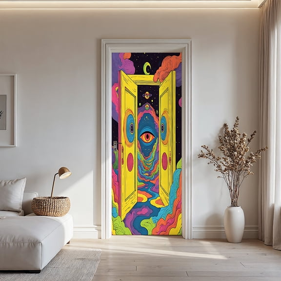 Psychedelic Cosmic Portal Door Sticker, Trippy Colorful Space & Eye Art Door Mural Decal for Bedroom