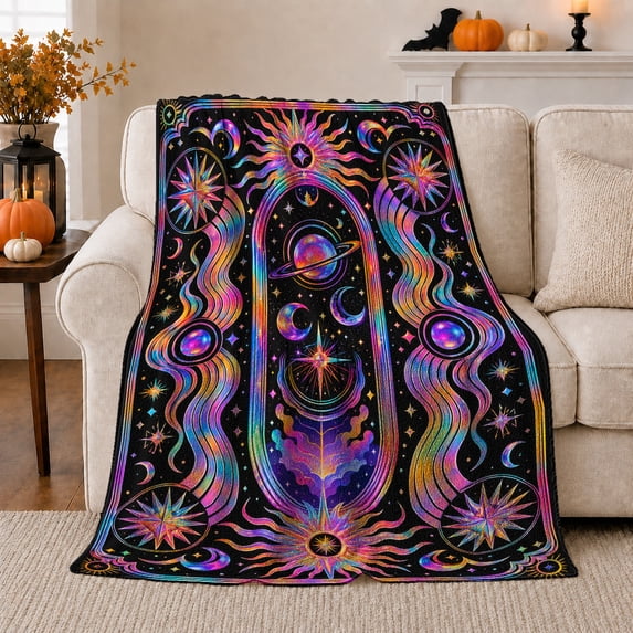 Psychedelic Cosmic Portal with Planets, Dreamy Celestial Style for Space Lovers, Rainbow Wave Scene and Birthday Gift, Soft Flannel Blanket for Game Room and Bedroom, Celestial Home Decor