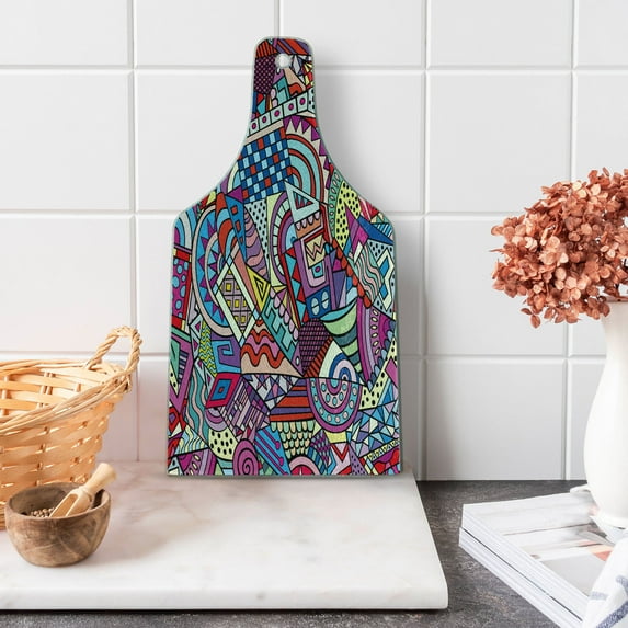 Psychedelic Cutting Board, Colorful Funky Art 90's Stained Glass Style Triangle Squares Modern Art Print, Tempered Glass Cutting and Serving Board, Wine Bottle Shape, Multicolor, by Ambesonne