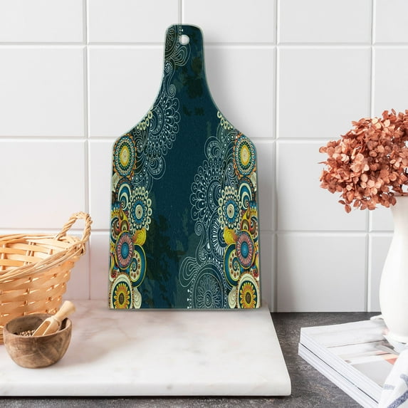 Psychedelic Cutting Board, Floral Bizarre Design Vintage Ornaments Leaves Paisley Pop Art Mandala Print, Tempered Glass Cutting and Serving Board, Wine Bottle Shape, Blue Yellow, by Ambesonne