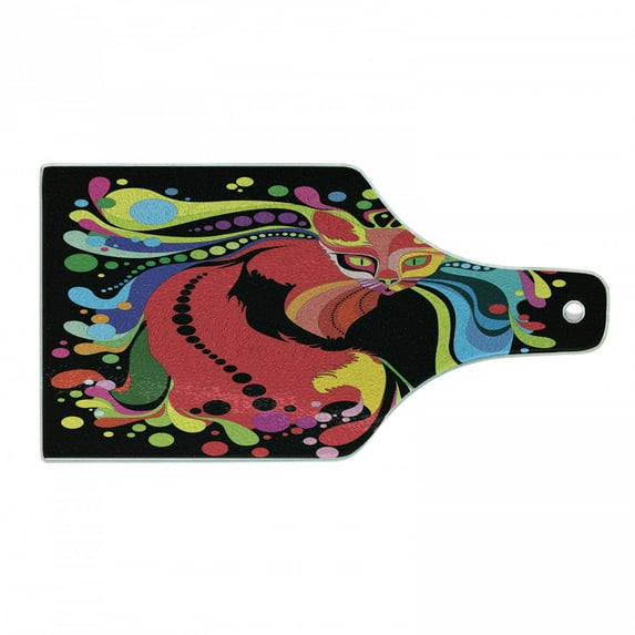 Psychedelic Cutting Board, Futuristic Kitty Visual Print Fluid Swirling Color Burst Motifs Kitty Graphic, Tempered Glass Cutting and Serving Board, Wine Bottle Shape, Multicolor, by Ambesonne