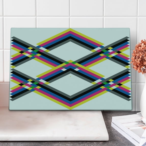 Psychedelic Cutting Board, Geometric Composition with Colorful Zigzag Chevron Lines Squares Digital Grid, Decorative Tempered Glass Cutting and Serving Board, Large Size, Multicolor, by Ambesonne