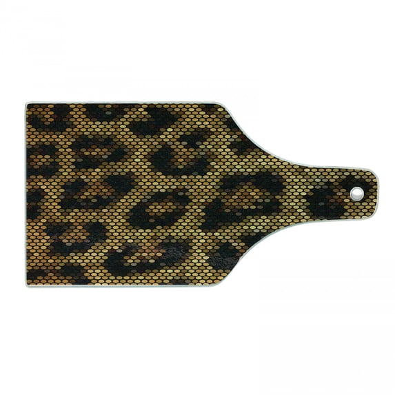 Psychedelic Cutting Board, Leopard Motif with Digital Dots and Trippy Forms Graphic Art, Decorative Tempered Glass Cutting and Serving Board, Wine Bottle Shape, Apricot Dark Brown, by Ambesonne