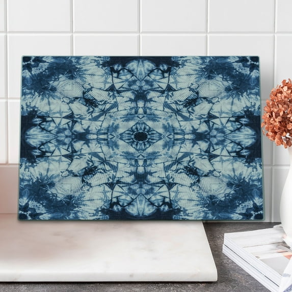 Psychedelic Cutting Board, Old Fashion Loose Unfold Motley Pattern with Inner Outer Form Design Print, Decorative Tempered Glass Cutting and Serving Board, Large Size, Indigo and Grey, by Ambesonne