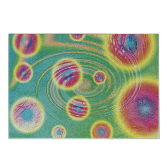 Psychedelic Cutting Board, Outer Space Theme Retro Dreamy Image Hippie Style Reflection in Water Print, Decorative Tempered Glass Cutting and Serving Board, Small Size, Green Yellow, by Ambesonne