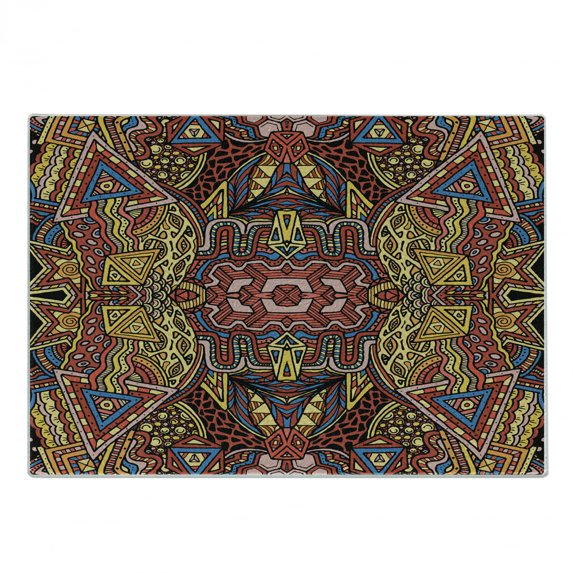 Psychedelic Cutting Board, Retro Old-Fashion Doodle Effect Tribal Theme Pattern Hippie Funky Art Picture, Decorative Tempered Glass Cutting and Serving Board, Small Size, Multicolor, by Ambesonne