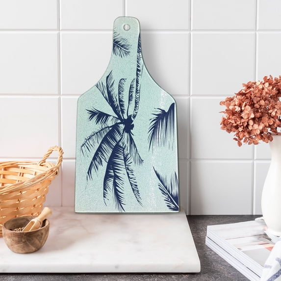 Psychedelic Cutting Board, Silhouette of Coconut Palm Tree with Psychedelic Details Dreamy Nature Theme Design, Tempered Glass Cutting and Serving Board, Wine Bottle Shape, Indigo, by Ambesonne