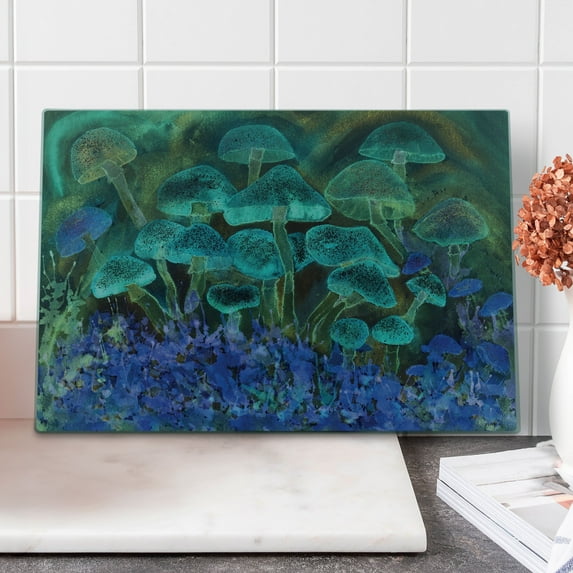 Psychedelic Cutting Board, Unusual Speckled Fluorescent Mushrooms Dreamy Fantasy Graphic, Decorative Tempered Glass Cutting and Serving Board, Large Size, Blue Violet and Slate, by Ambesonne