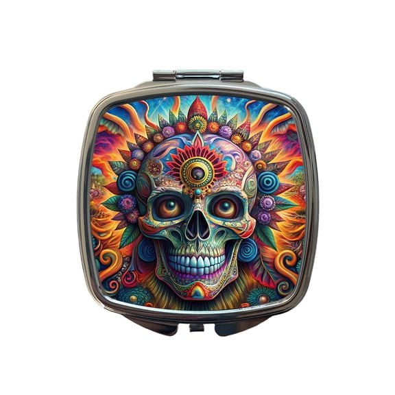 Psychedelic Day of the Dead Skull Vibrant Colors Travel Makeup Handbag Purse Small Pocket Compact Mirror