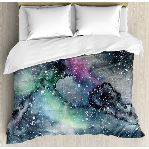 Psychedelic Decor King Size Duvet Cover Set, Space Galaxy Inspired Hazy Grunge Modern Celestial Cosmic Fantasy Design, Decorative 3 Piece Bedding Set with 2 Pillow Shams, Multicolor, by Ambesonne