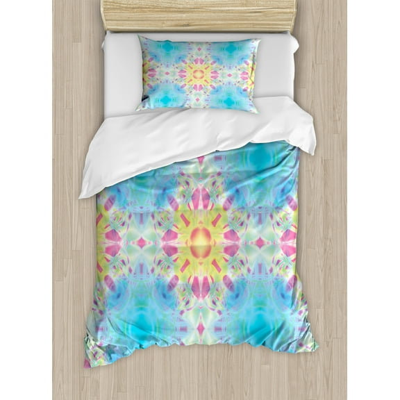 Psychedelic Decor Twin Size Duvet Cover Set, Kaleidoscopic Design Abstract Art Blurred Wavy Ornaments Oriental Image, Decorative 2 Piece Bedding Set with 1 Pillow Sham, Pink Blue, by Ambesonne