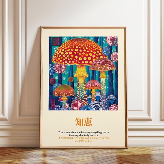 Psychedelic Dot Japanese Quote Mushroom Wisdom Art Funky Nature Illustration, Unframed Paper Poster 8x10in