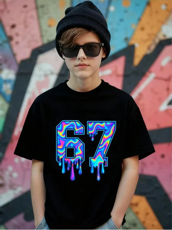 Psychedelic Dripping 67 Graphic T Shirt For Teen Boys Girls Funny Streetwear Style Birthday Gift Unisex Short Sleeve Cotton Tee
