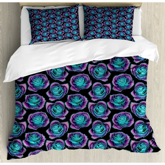 Psychedelic Duvet Cover Set, Bicolour Rose Bouquets Blossoming Wonderland Style on Dark, Decorative 3 Piece Bedding Set with 2 Pillow Shams, King Size, Charcoal Grey and Multicolor, by Ambesonne