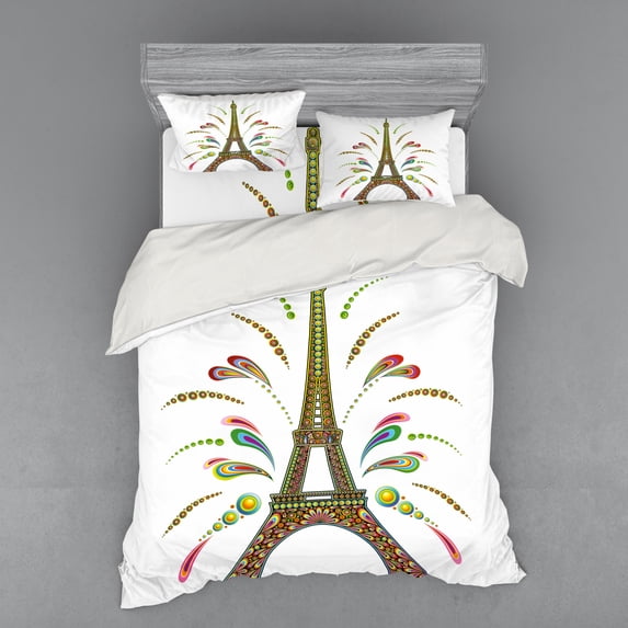 Psychedelic Duvet Cover Set, France Eiffel Tower Abstract Fireworks Design Rainbow Psychedelic Patterns Art, Bedding Set with Shams and Fitted Sheet, 3 Sizes, by Ambesonne