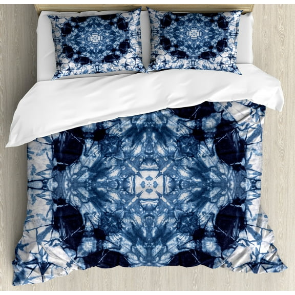 Psychedelic Duvet Cover Set King Size, Microcosm Motif Generated with Digital Large Volume Active Rough Effect, Decorative 3 Piece Bedding Set with 2 Pillow Shams, Royal Blue White, by Ambesonne