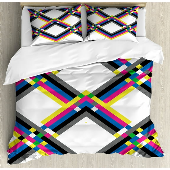 Psychedelic Duvet Cover Set Queen Size, Geometric Composition with Colorful Zigzag Chevron Lines Squares Digital Grid, Decorative 3 Piece Bedding Set with 2 Pillow Shams, Multicolor, by Ambesonne